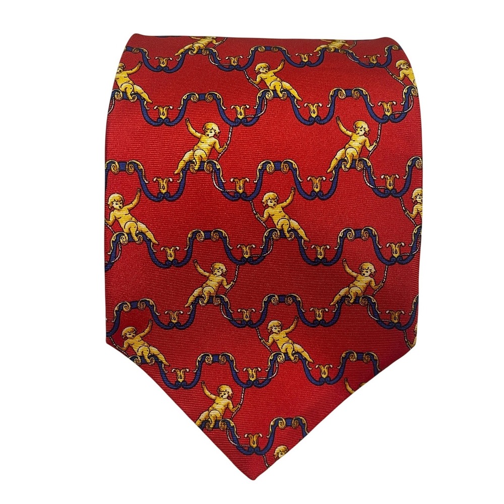 Burberrys of London Red Silk Cherub Garland Print Tie Made in England